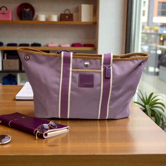 Coach Hamptons nylon tote bag purple striped and tan leather trim. - Picture 1 of 7